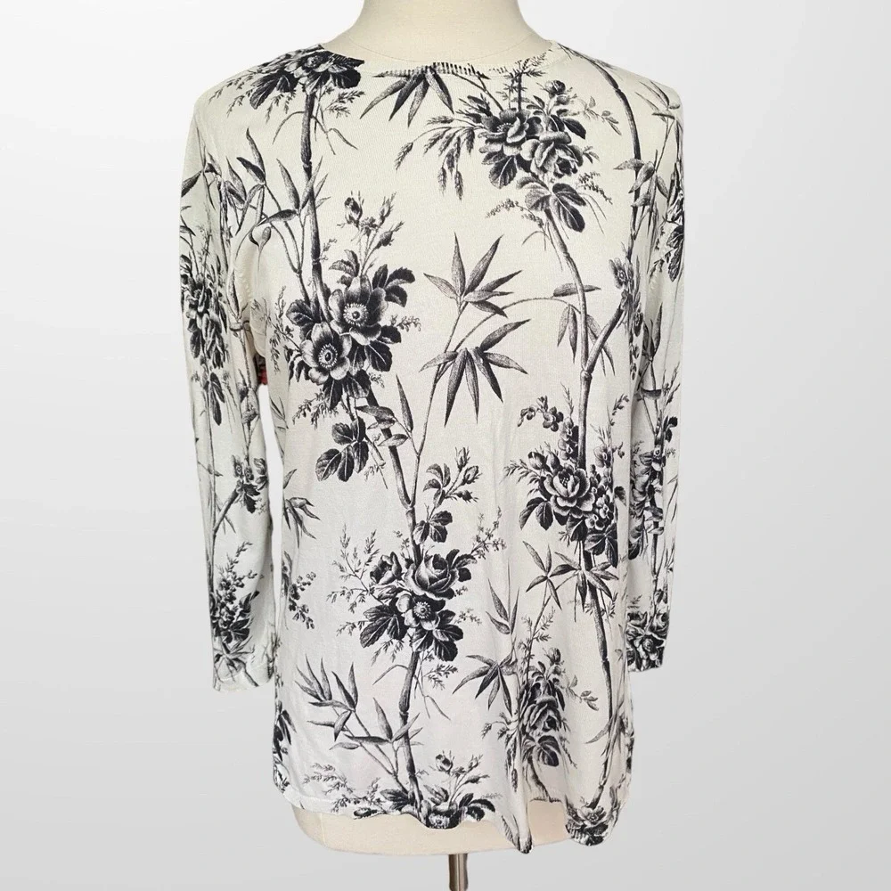 LOFT‎ XL Crew Neck Pullover Sweater Tunic Top Lightweight Cream Black Floral